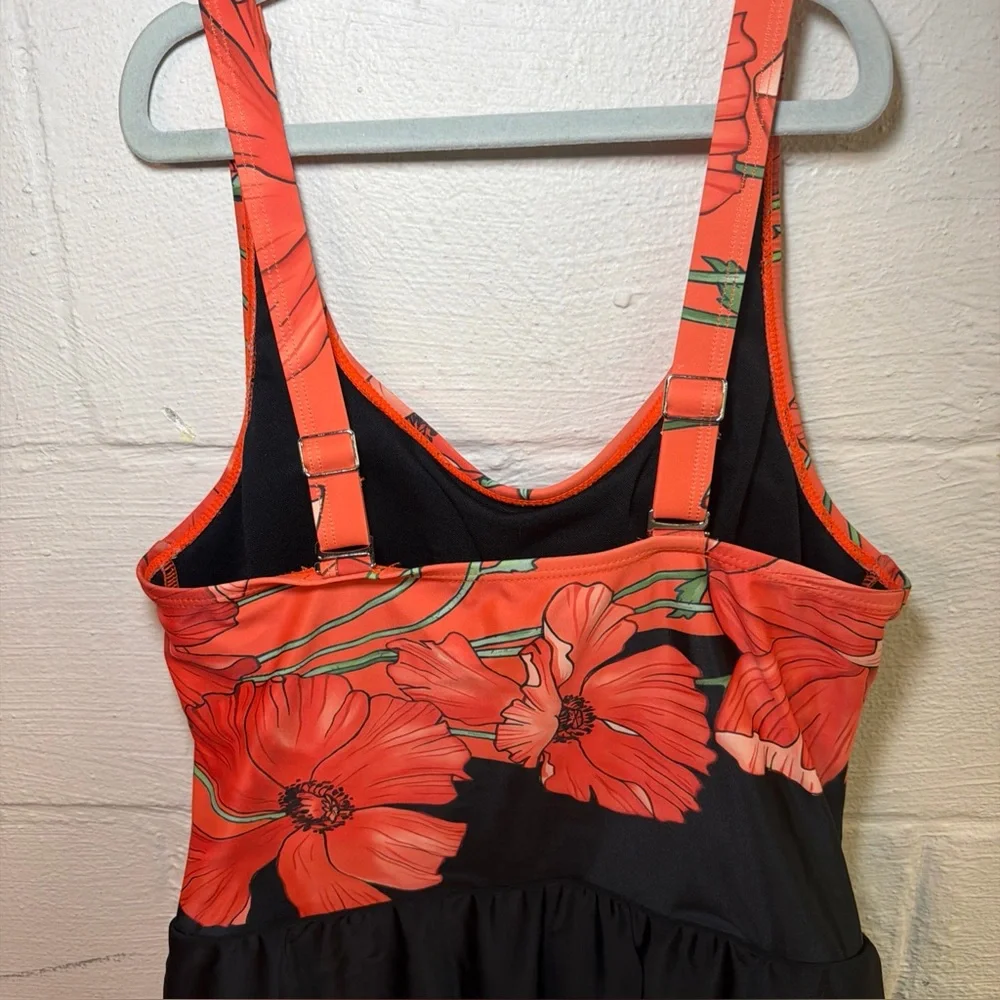 Orange, Black, & Green Floral Print One Piece Swimsuit - Women’s‎ Medium